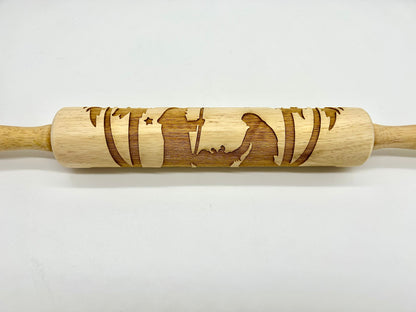 Embossed Rolling Pin Carved with a Nativity Scene for Sugar Cookies, Springerle, Gingerbread, Fondant and Clay