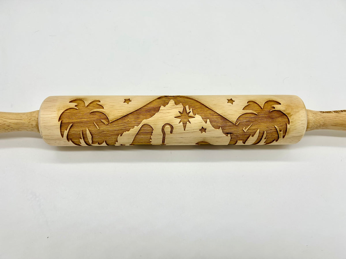 Embossed Rolling Pin Carved with a Nativity Scene for Sugar Cookies, Springerle, Gingerbread, Fondant and Clay