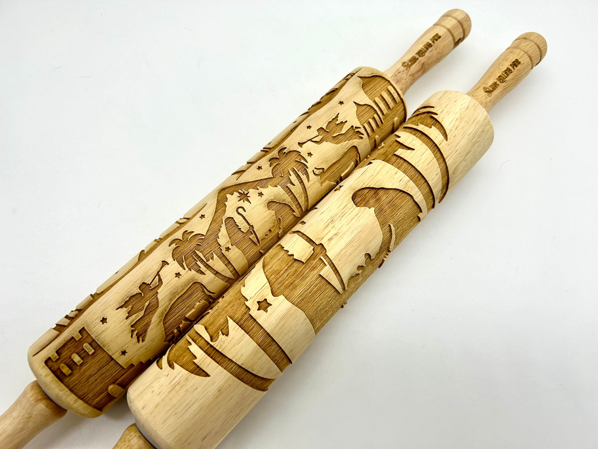 Embossed Rolling Pin Carved with a Nativity Scene for Sugar Cookies, Springerle, Gingerbread, Fondant and Clay
