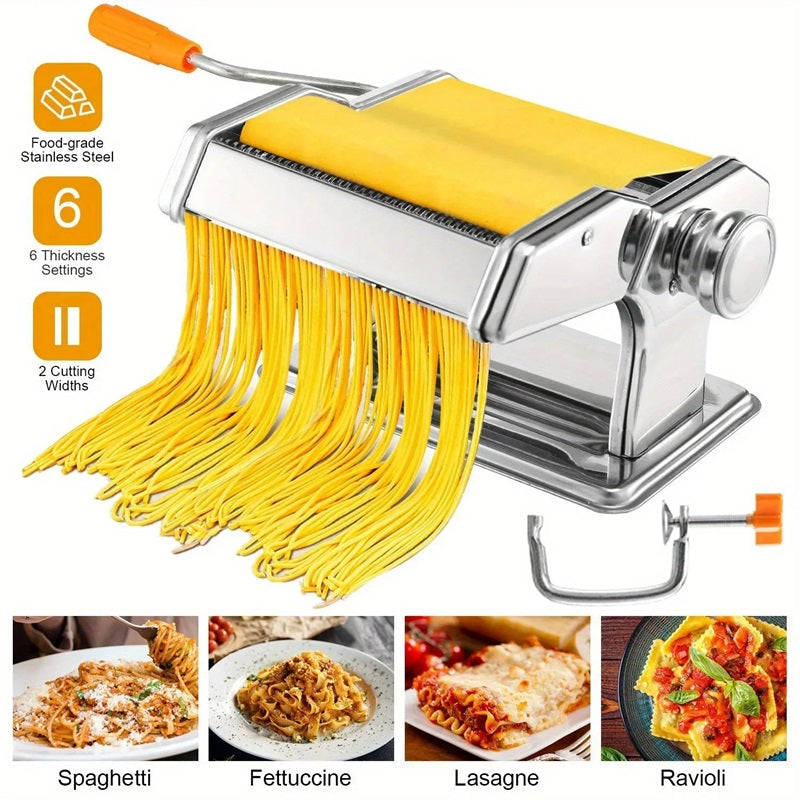 Manual Pasta Maker with Six Thickness Settings and Dual Cutting Heads