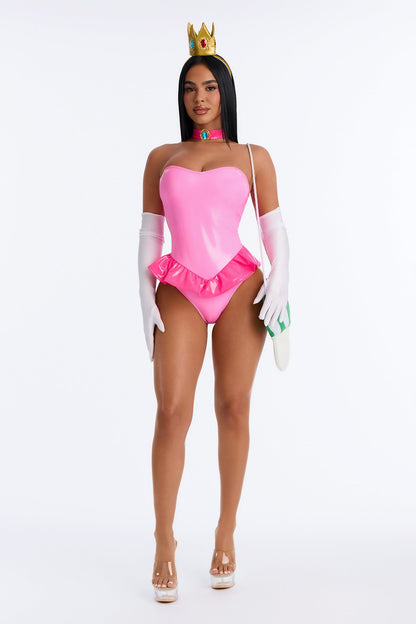 Pink Princess Halloween Costume Set for Women with Peplum Teddy Gloves Purse and Headpiece