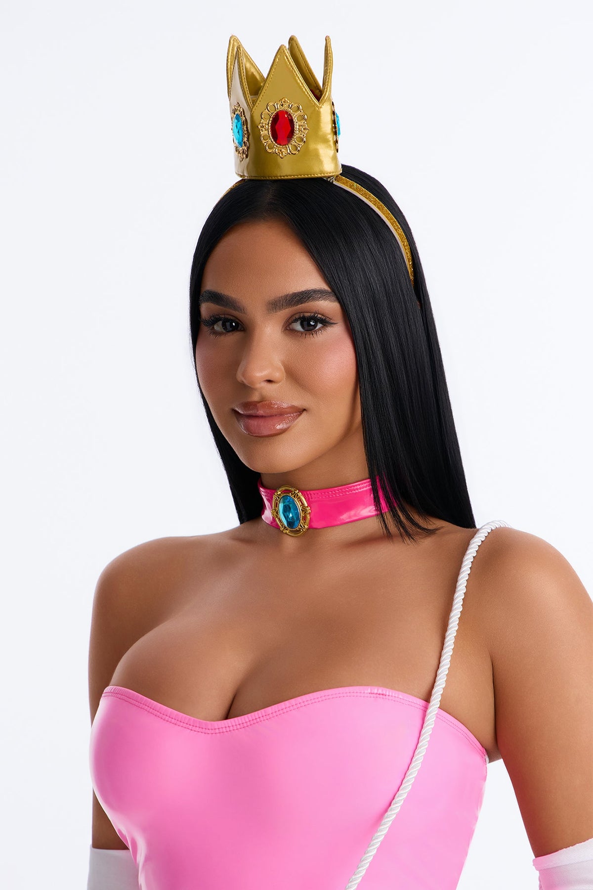 Pink Princess Halloween Costume Set for Women with Peplum Teddy Gloves Purse and Headpiece