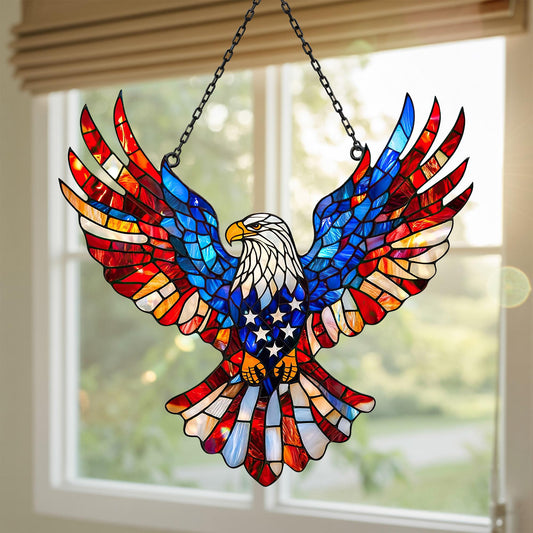 Patriotic Eagle Stained Glass Panel with Metal Hanging Chain