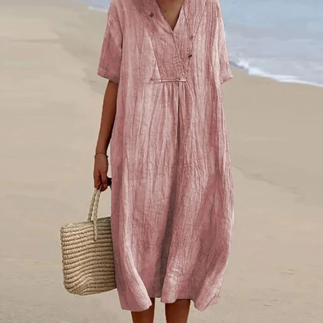 Summer Linen Midi Dress  V-Neck Loose Fit Design - Product detail 5