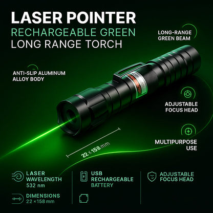 Green Laser Pointer with 2000 Meter Range and Rechargeable Battery, Aluminum Construction