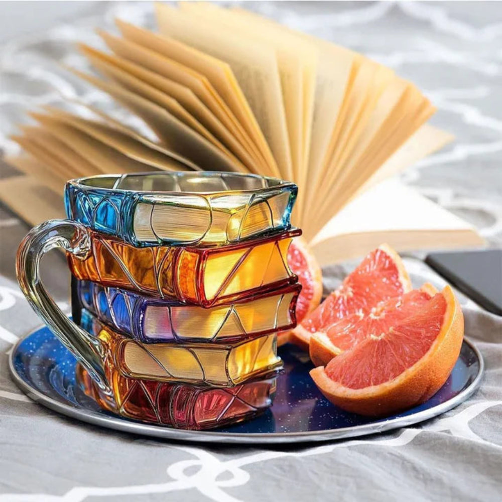 Handmade Book-Shaped Glass Mug with 3D Design and Double-Walled Construction, 12oz
