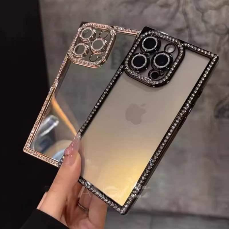 Rhinestone iPhone Case with Clear Silicone Bumper and Square Frame Design