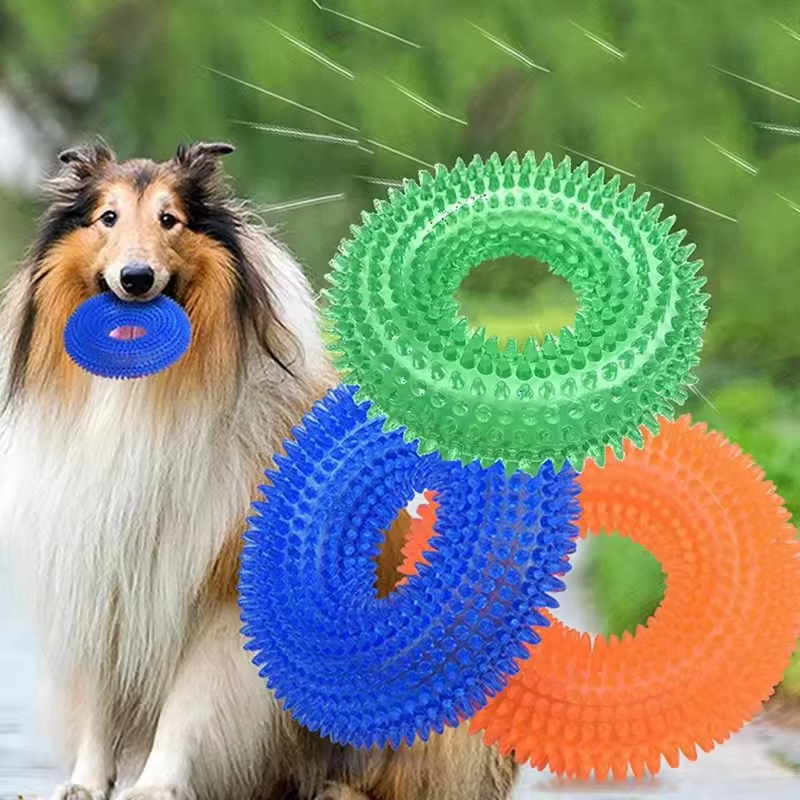 Squeaky Dog Chew Ring with Textured Thorn Surface and Built In Squeaker