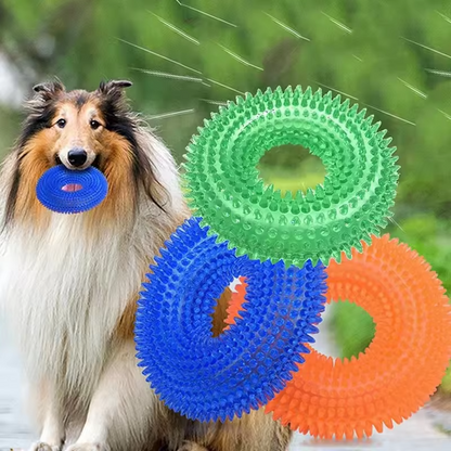 Squeaky Dog Chew Ring with Textured Thorn Surface and Built In Squeaker