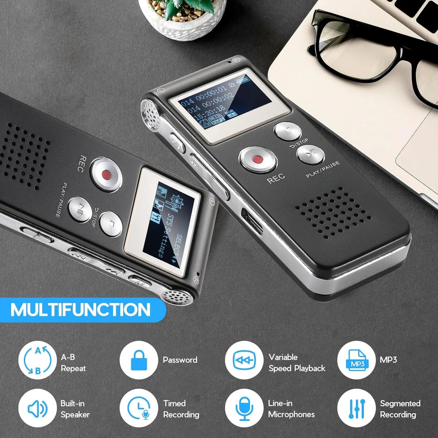 Compact Voice Activated Digital Recorder with Built-In Speaker and Headphone Jack