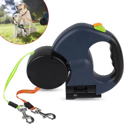 Dual Retractable Dog Leash with Flashlight and Waste Bag Dispenser for 50lb Dogs
