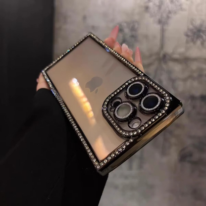 Rhinestone iPhone Case with Clear Silicone Bumper and Square Frame Design