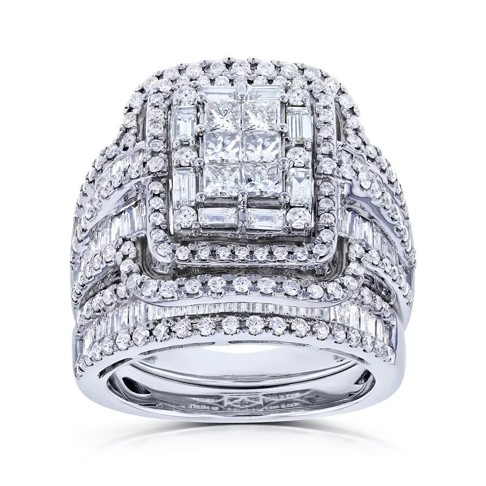 Crystal Bridal Ring Set with Square Center Stone and Halo Accent Design