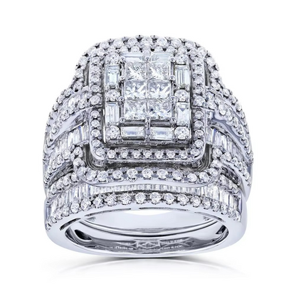 Crystal Bridal Ring Set with Square Center Stone and Halo Accent Design