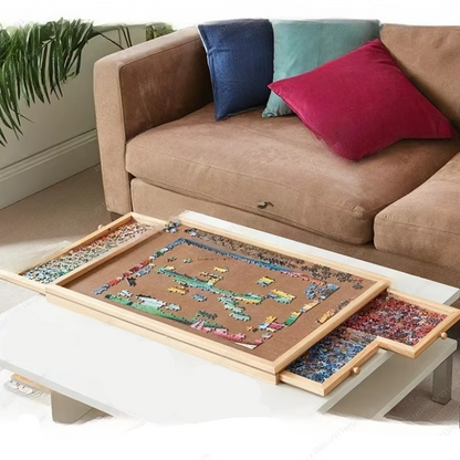 Wooden Puzzle Table with Side Drawers and Auxiliary Board for Puzzles Up to 1500 Pieces