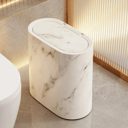 Marble Finish Trash Can with Push Top Lid and Elliptical Shape