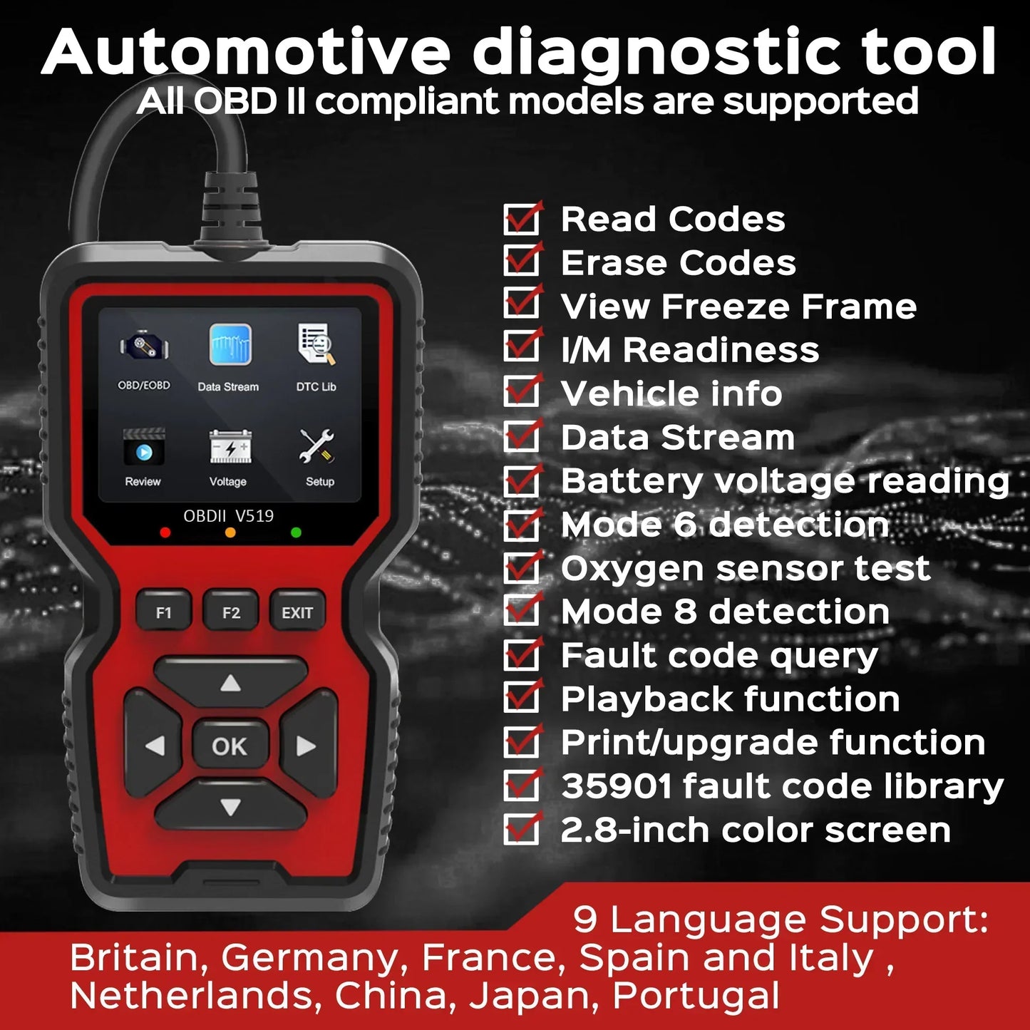 Vehicle Code Scanner with Live Data and Freeze Frame for OBD2 Cars