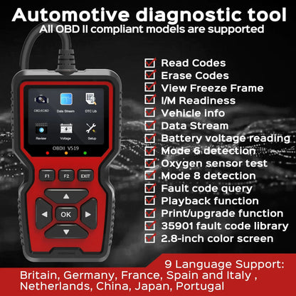 Vehicle Code Scanner with Live Data and Freeze Frame for OBD2 Cars