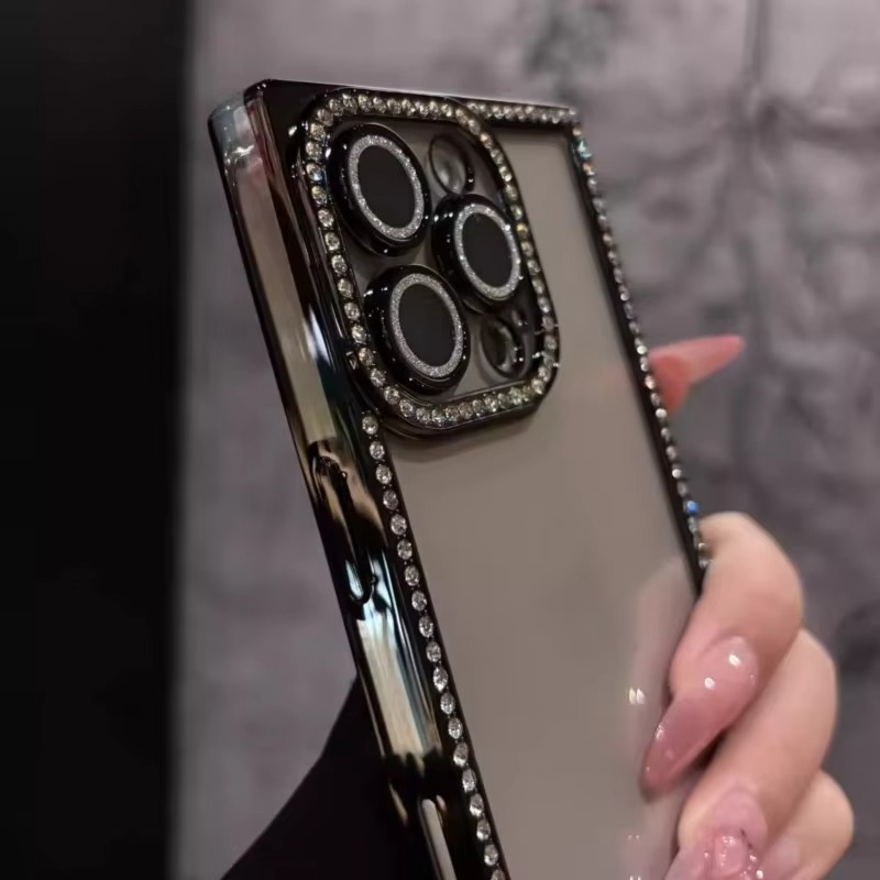 Rhinestone iPhone Case with Clear Silicone Bumper and Square Frame Design