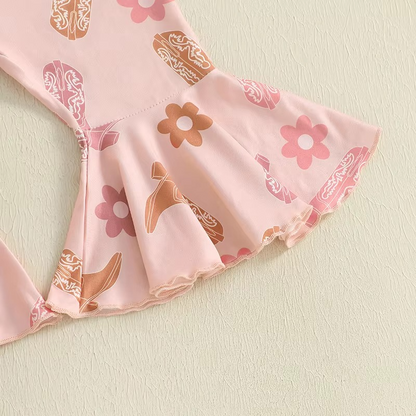 Infant Western Outfit Set with Floral Flare Pants and Matching Bow Headband