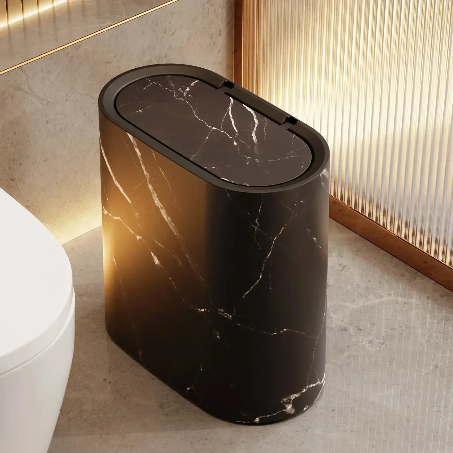 Marble Finish Trash Can with Push Top Lid and Elliptical Shape