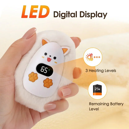 Rechargeable Hand Warmer with Digital Display and Cat Plush Design, 3 Heat Levels