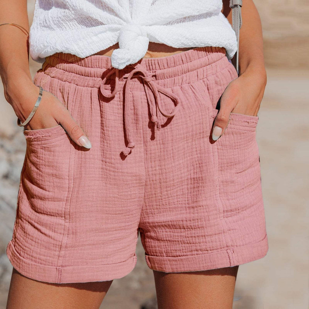 Relaxed Mid Thigh Shorts with Elastic Drawstring and Side Pockets, Breathable Blend