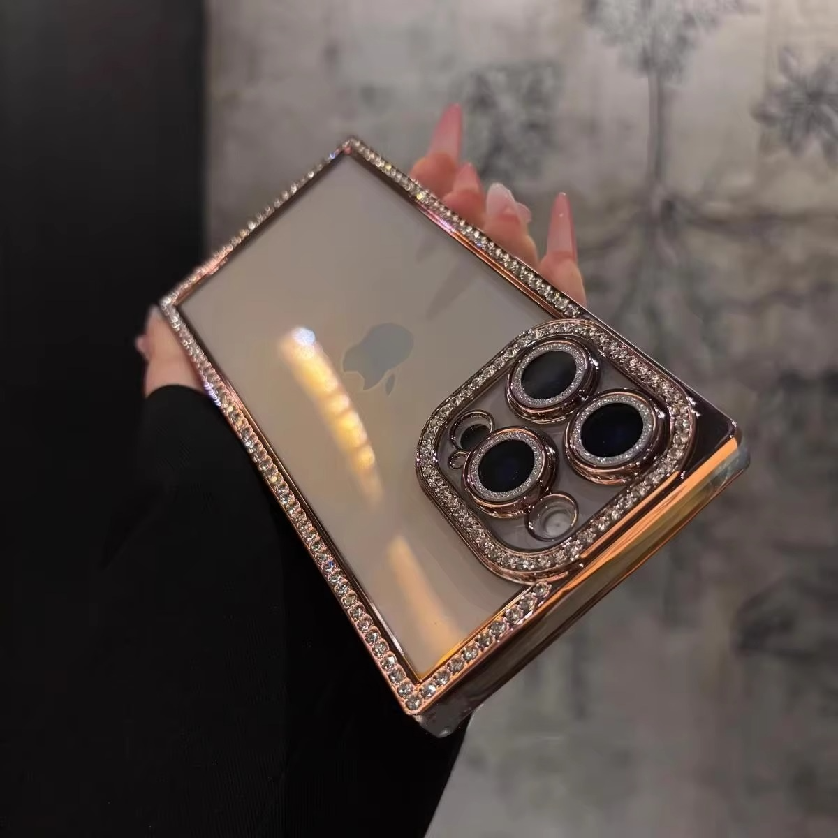Rhinestone iPhone Case with Clear Silicone Bumper and Square Frame Design