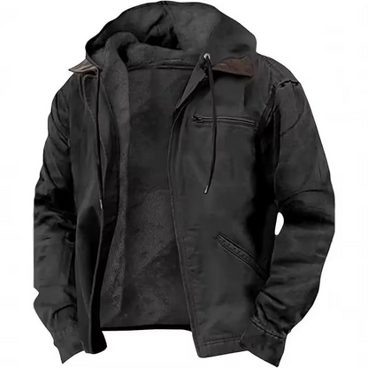 Mens Heavyweight Hooded Workwear Jacket with Insulated Lining and Adjustable Hood