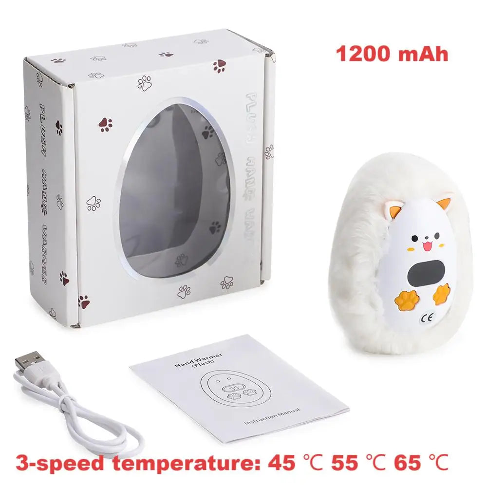 Rechargeable Hand Warmer with Digital Display and Cat Plush Design, 3 Heat Levels