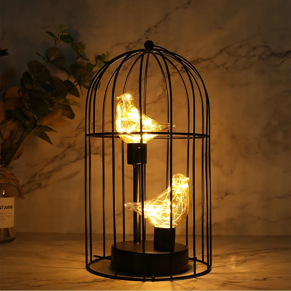 Warm White Fairy Light Table Lamp with Metal Birdcage Frame and Bird Accent