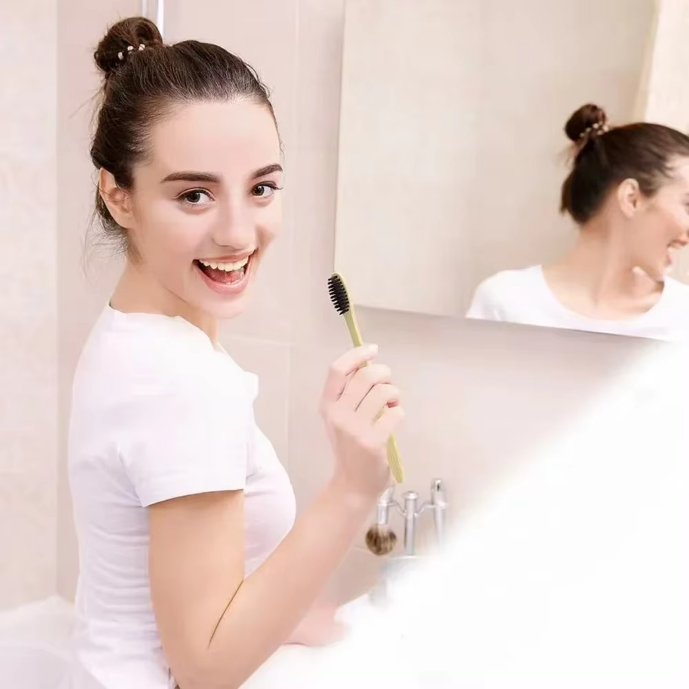 Bamboo Handle Toothbrush Set of 10 with Soft Bristles and Individual Packaging