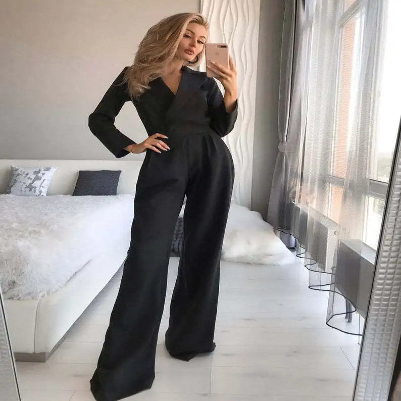 Long Sleeve Jumpsuit with V Neckline and Back Zipper, Slim Fit Upper