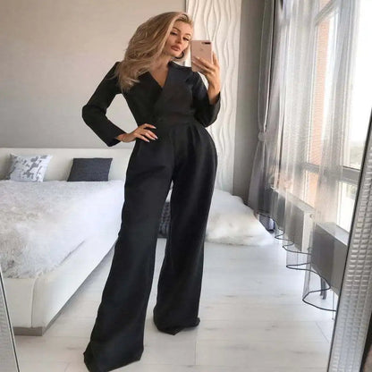Long Sleeve Jumpsuit with V Neckline and Back Zipper, Slim Fit Upper