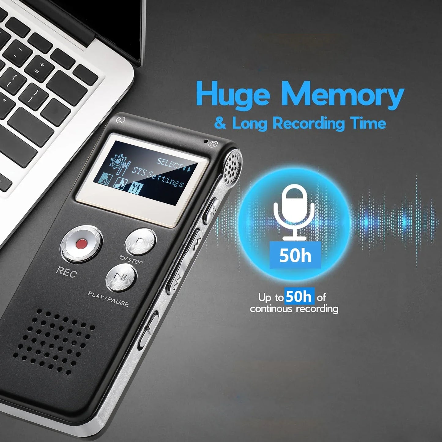Compact Voice Activated Digital Recorder with Built-In Speaker and Headphone Jack