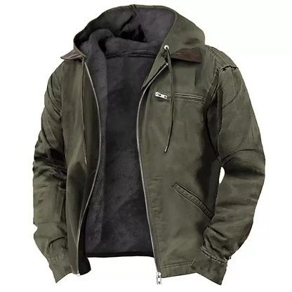 Mens Heavyweight Hooded Workwear Jacket with Insulated Lining and Adjustable Hood