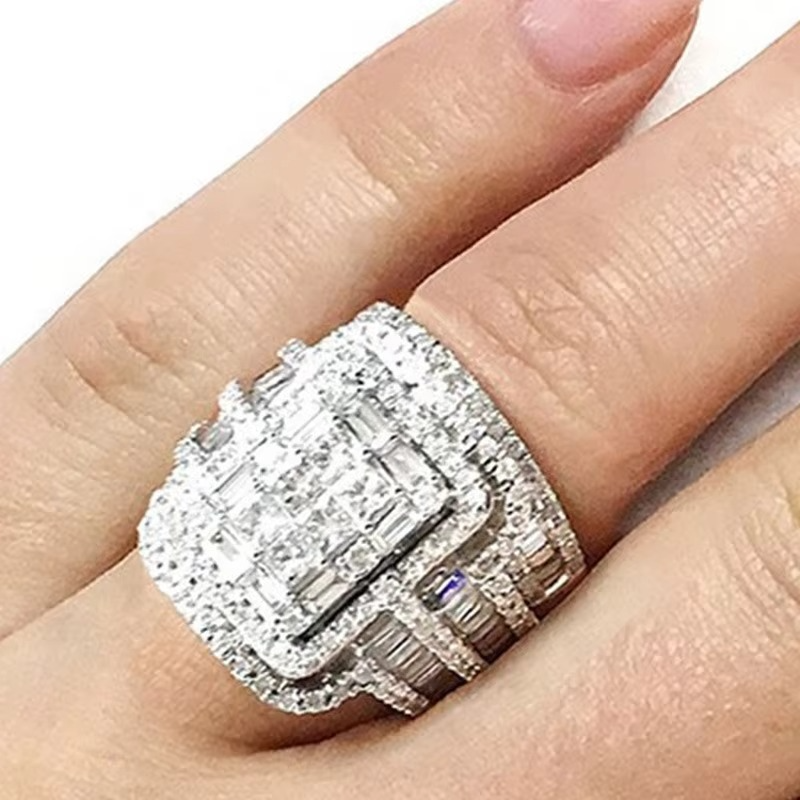 Crystal Bridal Ring Set with Square Center Stone and Halo Accent Design
