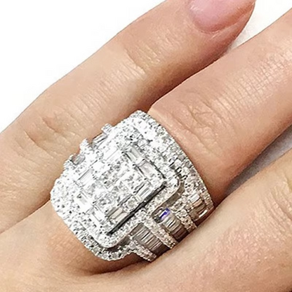 Crystal Bridal Ring Set with Square Center Stone and Halo Accent Design