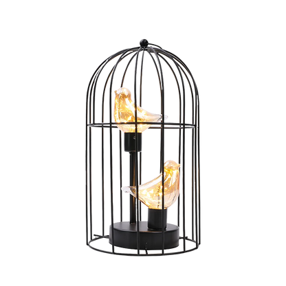 Warm White Fairy Light Table Lamp with Metal Birdcage Frame and Bird Accent