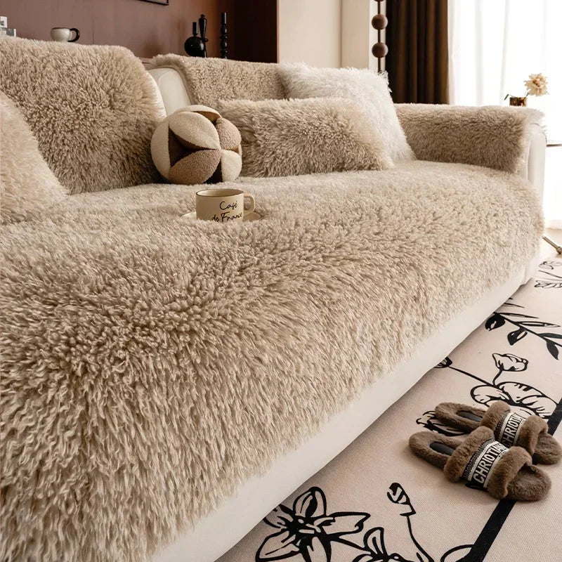 Faux Lambswool Sofa Cover with Stretchable Fit and Machine Washable Fabric