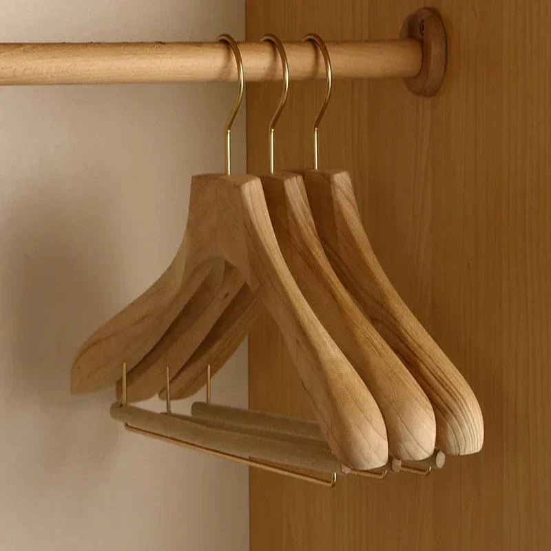 Wide Shoulder Wooden Hangers with Flocked Rod and Camphor Wood, Set of 2