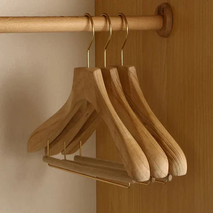 Wide Shoulder Wooden Hangers with Flocked Rod and Camphor Wood, Set of 2