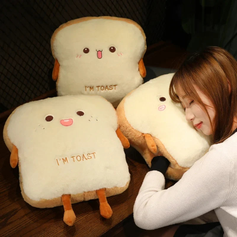 Plush Toast-Shaped Hand Warmer Pillow with Built-in Pocket and Cotton Filling