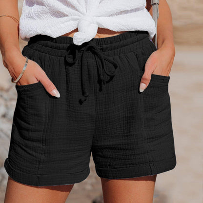 Relaxed Mid Thigh Shorts with Elastic Drawstring and Side Pockets, Breathable Blend