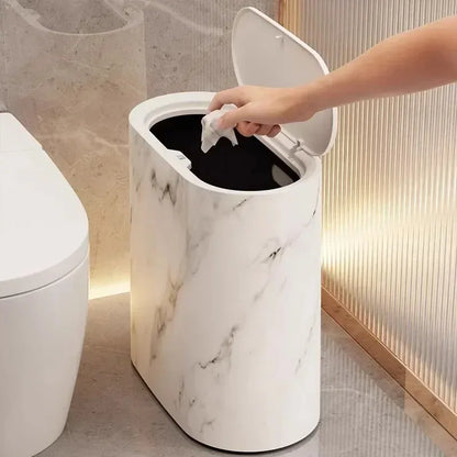 Marble Finish Trash Can with Push Top Lid and Elliptical Shape