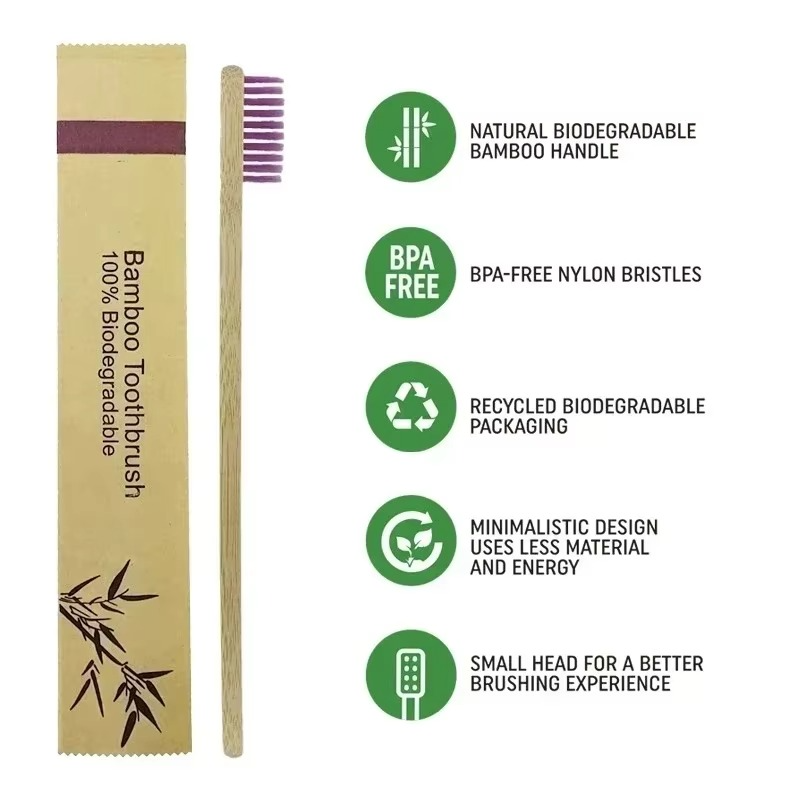 Bamboo Handle Toothbrush Set of 10 with Soft Bristles and Individual Packaging