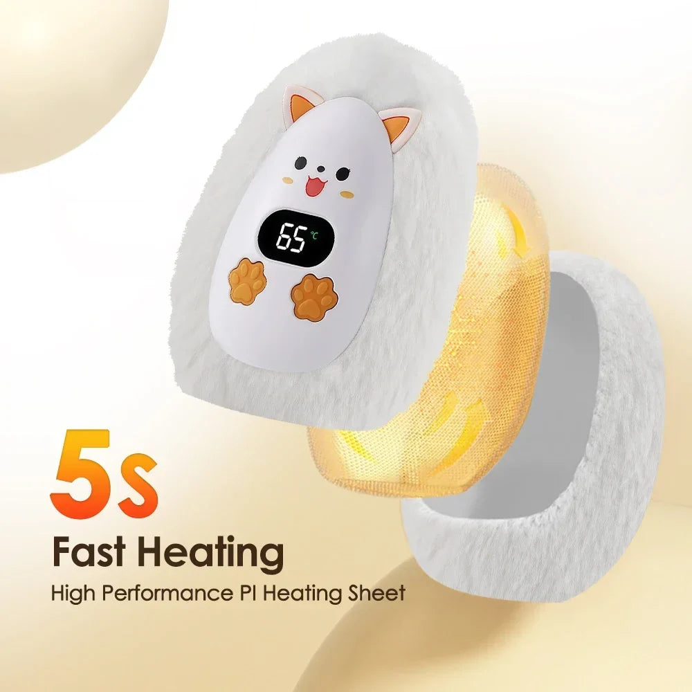 Rechargeable Hand Warmer with Digital Display and Cat Plush Design, 3 Heat Levels