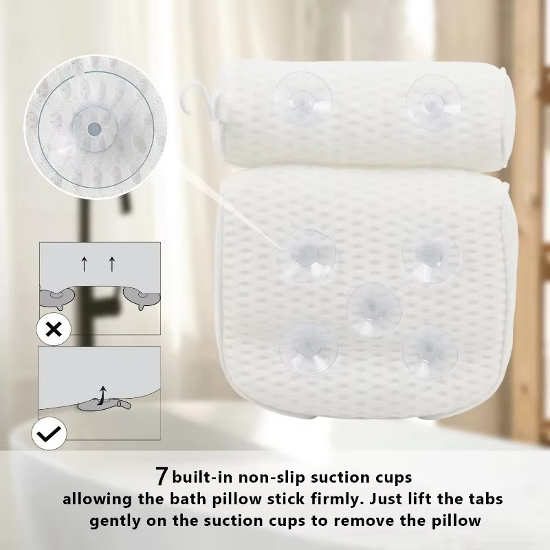 Bath Pillow with Suction Cup Attachment and Air Mesh Fabric for Tub Support
