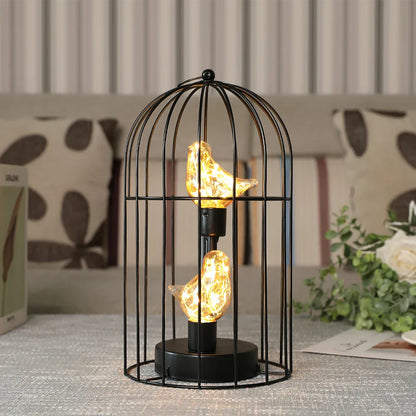 Warm White Fairy Light Table Lamp with Metal Birdcage Frame and Bird Accent