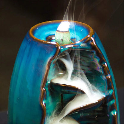 Backflow Incense Burner with Mountain Design and 50 Cones, Ceramic Waterfall